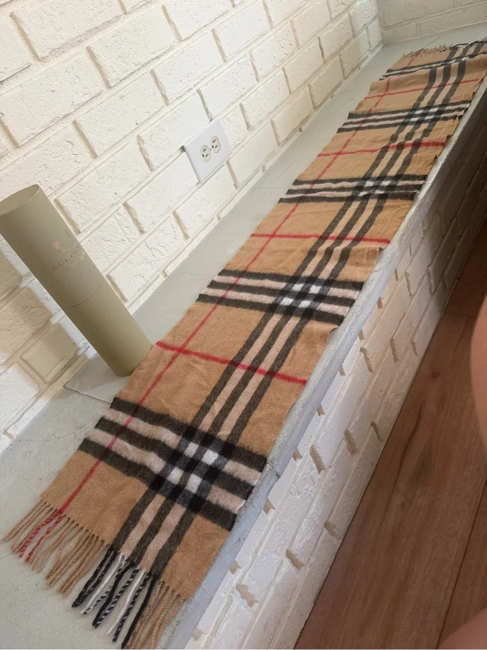 Burberry Beige Tan Black Red Classic Check Cashmere Scarf